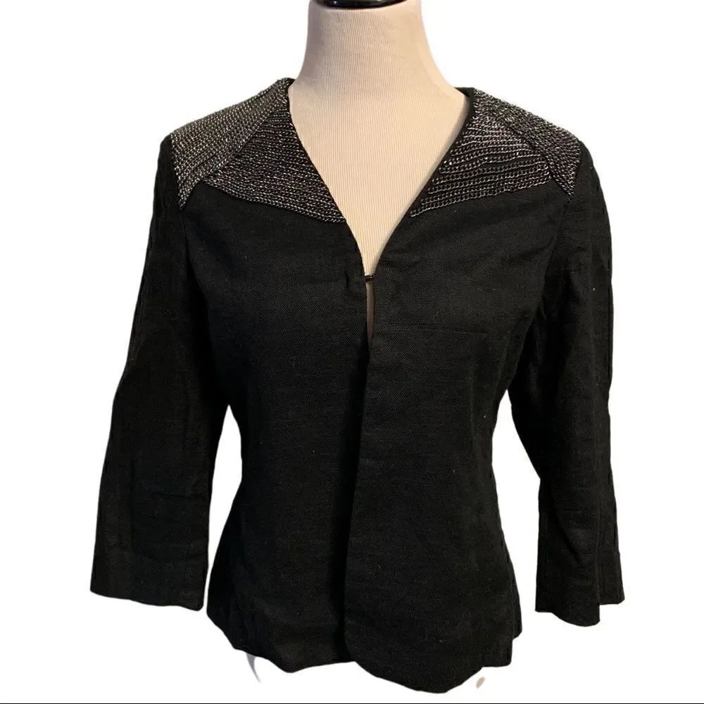 New! Chico’s Black Jacket With Silver Chain Detail Sz 1/M